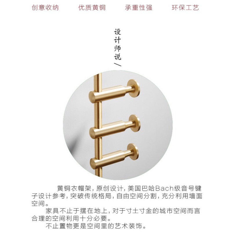台灣出貨 北歐拉絲黃銅毛巾桿壁掛牆上臥室玄關衣帽架金色衣服掛鈎掛衣架 A565-細節圖8