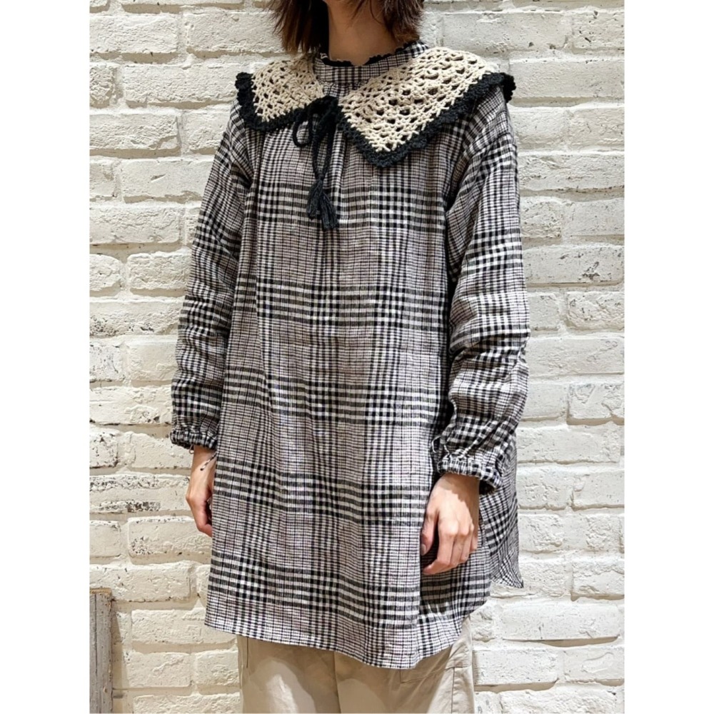 Samansa Mos2 麻料格紋綁帶前後兩穿圓領長板襯衫上衣 現貨 特價 出清 日本代購-細節圖6