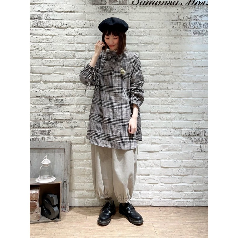 Samansa Mos2 麻料格紋綁帶前後兩穿圓領長板襯衫上衣 現貨 特價 出清 日本代購-細節圖7