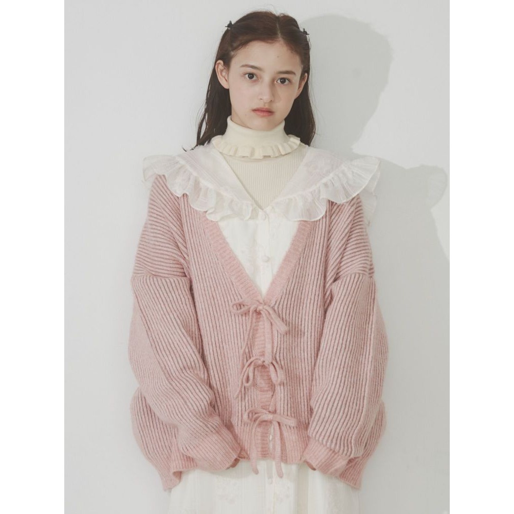 merry jenny 粉紅色 壓紋蝴蝶結綁帶針織外套 現貨 特價 出清 日本代購 日本連線 代購 日本-細節圖2