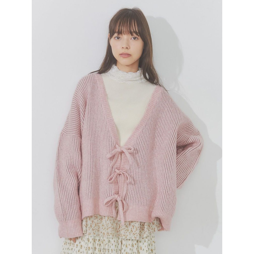 merry jenny 粉紅色 壓紋蝴蝶結綁帶針織外套 現貨 特價 出清 日本代購 日本連線 代購 日本-細節圖3