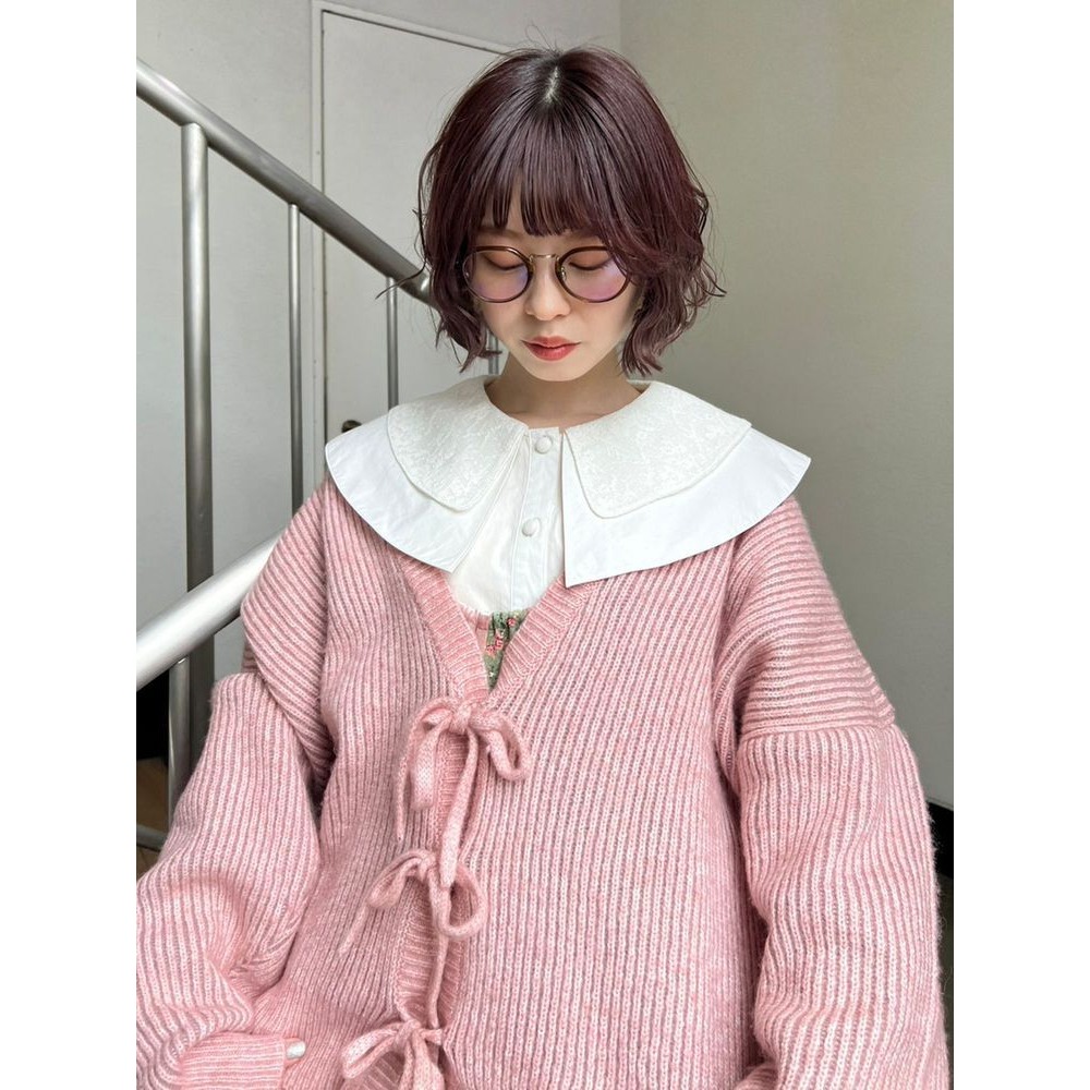 merry jenny 粉紅色 壓紋蝴蝶結綁帶針織外套 現貨 特價 出清 日本代購 日本連線 代購 日本-細節圖5