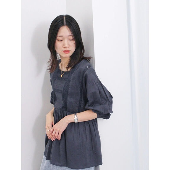 現貨 Samansa Mos2 blue Made in India 蕾絲方領舒適長袖上衣 純棉 代購 日本代購 SM2-細節圖3