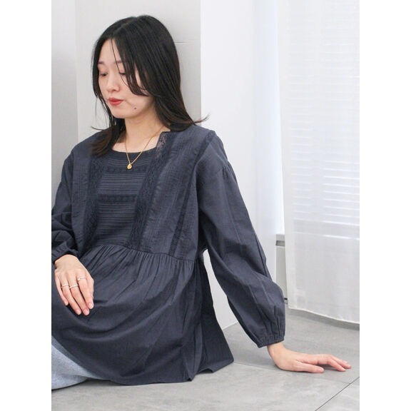 現貨 Samansa Mos2 blue Made in India 蕾絲方領舒適長袖上衣 純棉 代購 日本代購 SM2-細節圖4