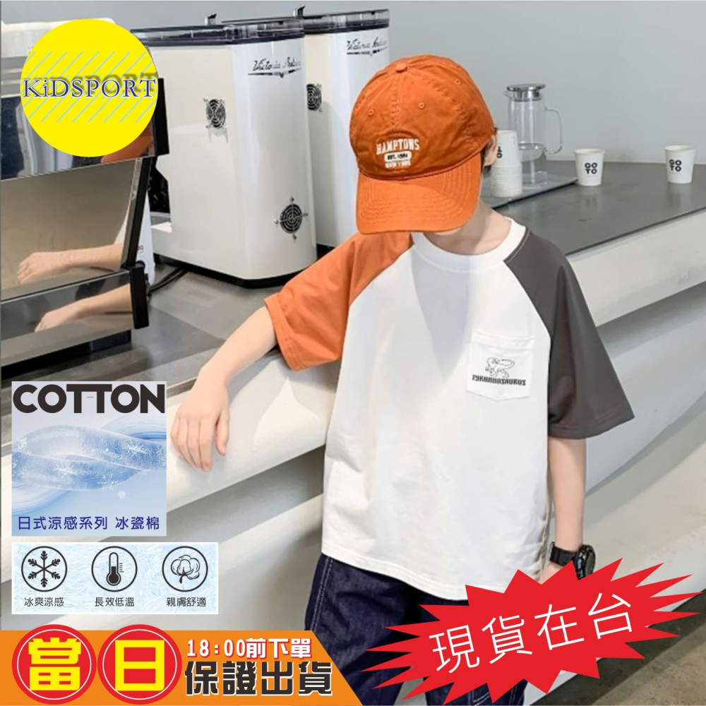 KiDSPORT🚀現貨🚀男童女童鴛鴦袖設計後背恐龍印花短袖插肩上衣2023春裝夏裝帥氣兒童中大童上衣-細節圖3