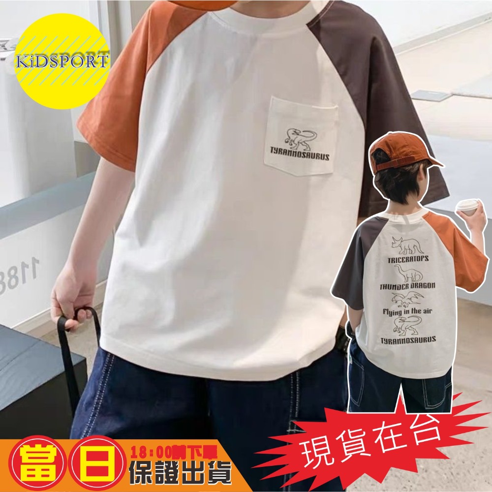KiDSPORT🚀現貨🚀男童女童鴛鴦袖設計後背恐龍印花短袖插肩上衣2023春裝夏裝帥氣兒童中大童上衣-規格圖7