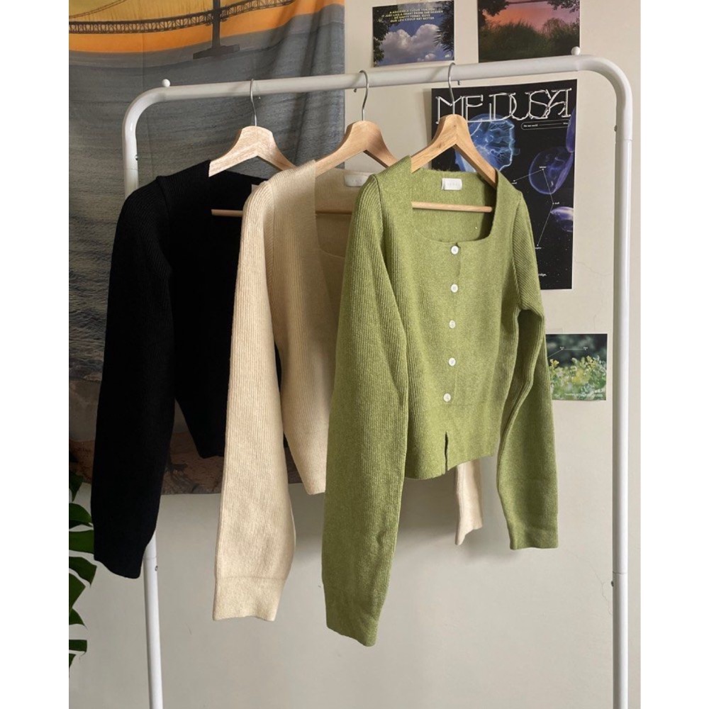 全新 正韓HARU(有韓標）米白色、抹茶綠方領針織鈕扣長袖上衣-細節圖3