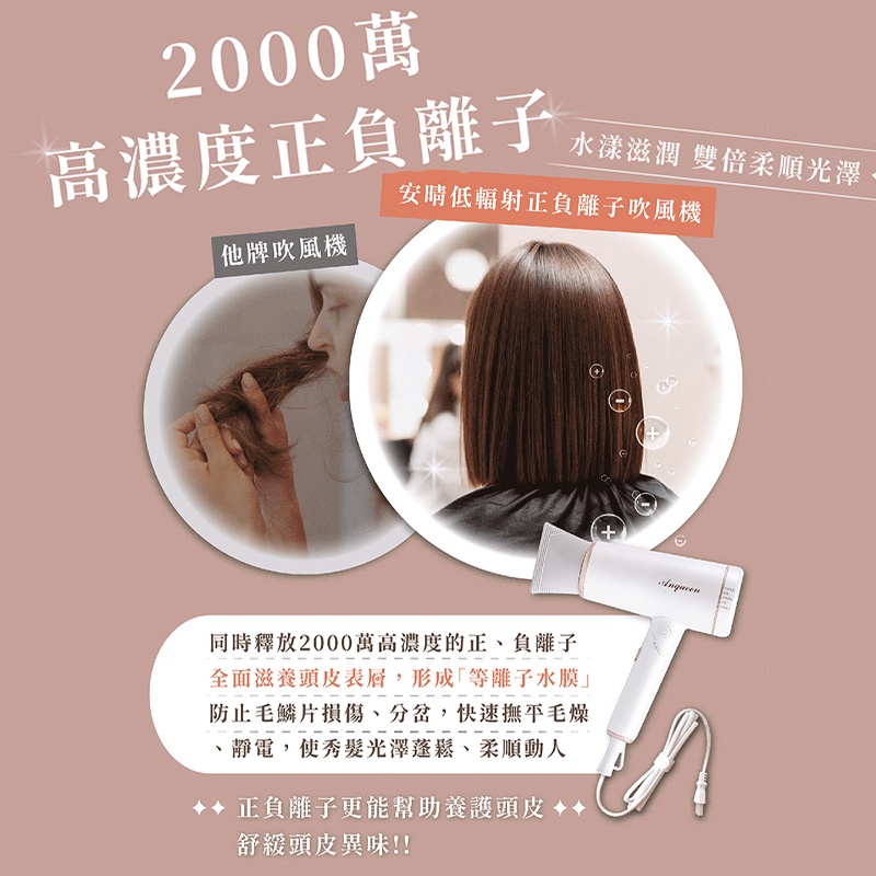 Anqueen 安晴 正負離子吹風機 QA-N20 奇蹟喚醒 快乾 冷暖循環 冷風 暖風 低輻射 保濕 防靜電 吹風機-細節圖6