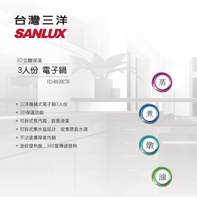 SANLUX 台灣三洋3人份電鍋 ECJ8039CTD  電鍋 飯鍋 三人份電鍋 廚房家電 鍋具 萬用鍋-細節圖3