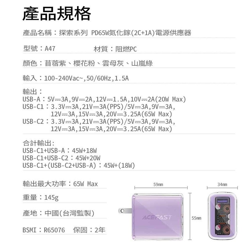 ACEFAST 探索系列 PD65W氮化鎵(2C+1A)電源供應器A47 充電頭 充電器 豆腐頭 快充頭 電源供應器 手-細節圖11