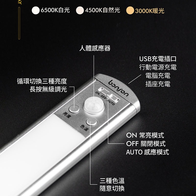 MOZTECH bonson LED人體感應燈 30cm 磁吸燈 USB充電 小夜燈 櫥櫃燈 智能氛圍燈 紅外線人露營燈-細節圖6
