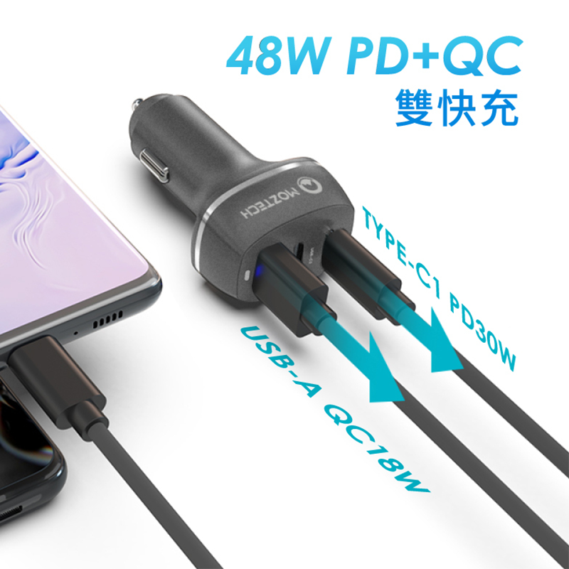 MOZTECH 48W快充 三孔車充 汽車點煙器 車用充電器 快速充電 三孔頭 點菸器擴充 車充 車用 點菸孔 車用快充-細節圖4