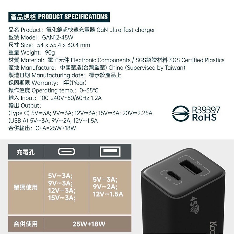KooPin 氮化鎵 45W快速充電器（USB-A＋Type-C) 氮化鎵 PD充電孔 旅充 豆腐頭 快充 電源供應器-細節圖9
