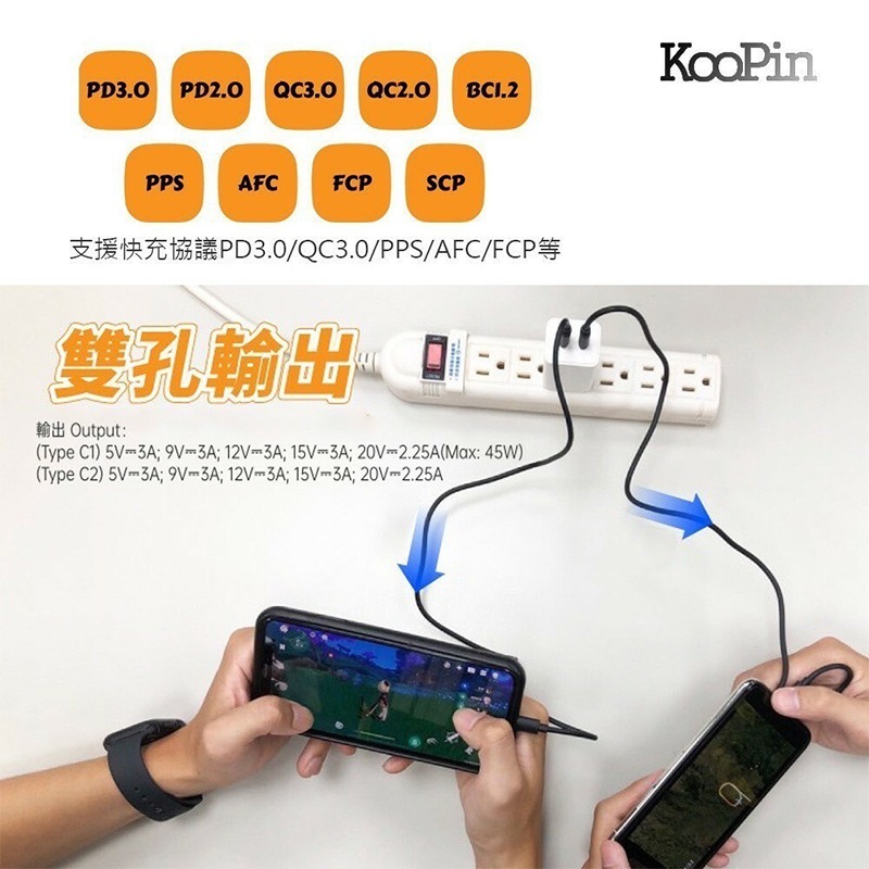 KooPin 氮化鎵 45W快速充電器（Type-C＋Type-C) 氮化鎵 PD充電孔 旅充 豆腐頭 快充 電源供應器-細節圖2