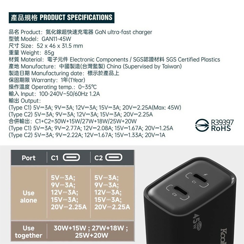KooPin 氮化鎵 45W快速充電器（Type-C＋Type-C) 氮化鎵 PD充電孔 旅充 豆腐頭 快充 電源供應器-細節圖9