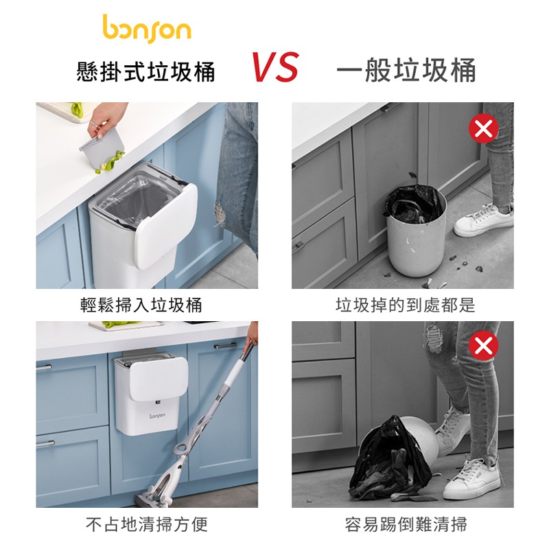 bonson懸掛式垃圾桶 掛式廚房垃圾桶 懸掛設計 掛式垃圾桶收納 免鑽孔 不占地 掛牆式 雙開蓋-細節圖2