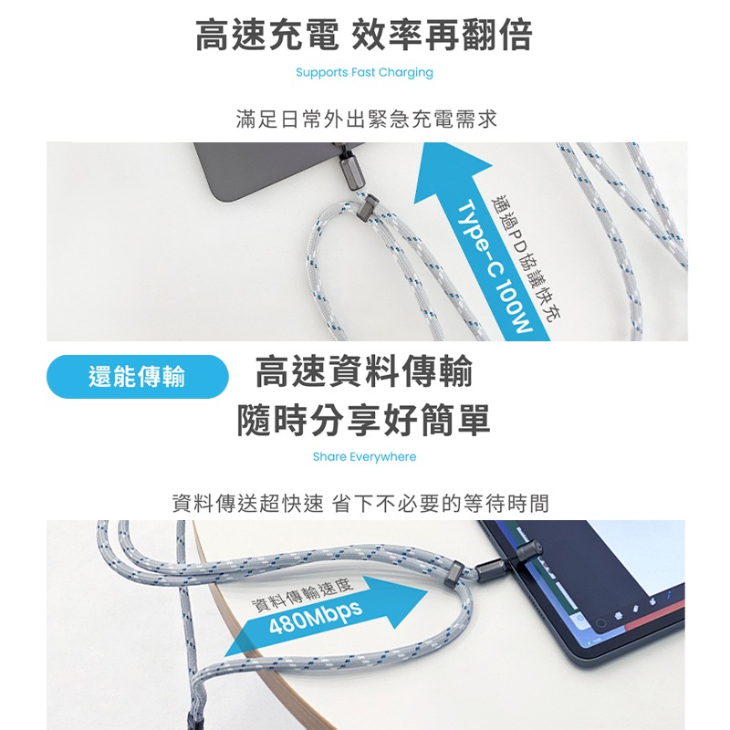 MOZTECH® 掛繩充電線 便攜充電線 掛繩式快充 防丟充電線可攜掛繩 高速充電 雙繩背帶 Type-C Light-細節圖3