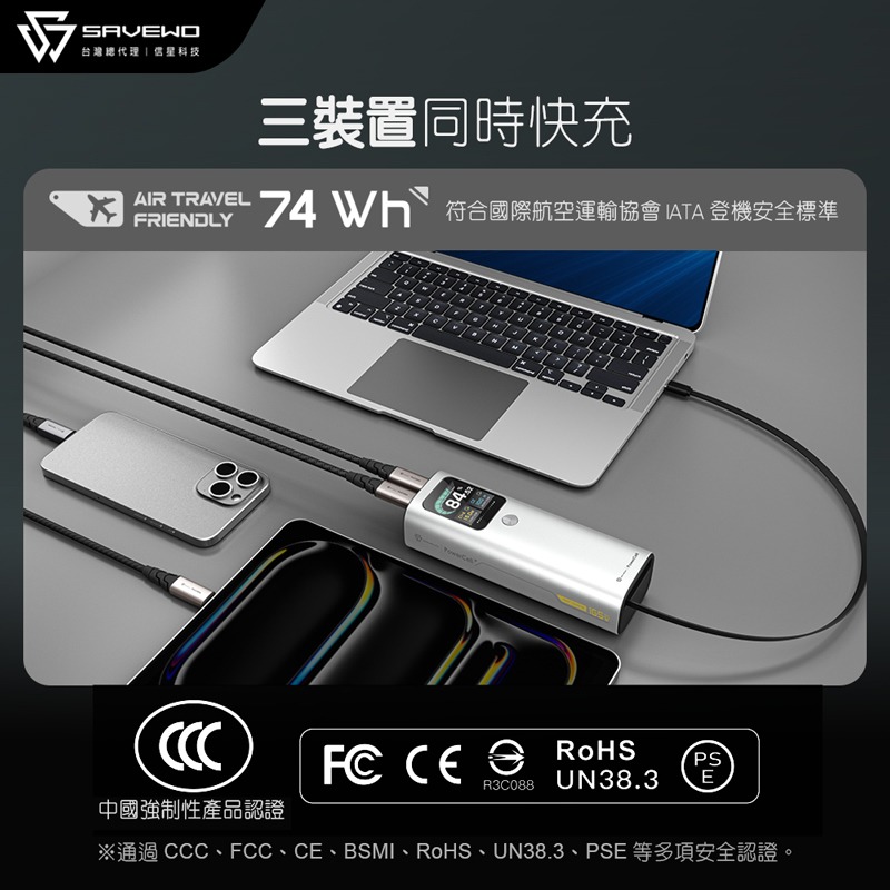 SAVEWO 165W 行動電源 20000mAh 筆電快充 100W Type-C PD快充 旅能王 大容量行動電源-細節圖6