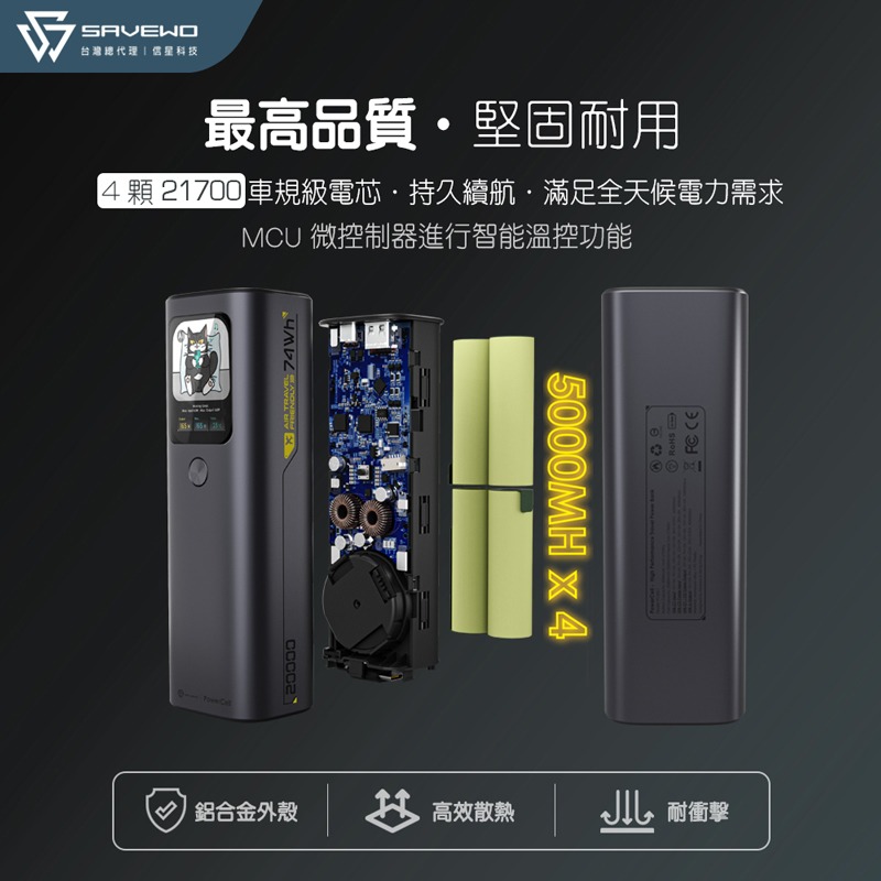 SAVEWO 165W 行動電源 20000mAh 筆電快充 100W Type-C PD快充 旅能王 大容量行動電源-細節圖7