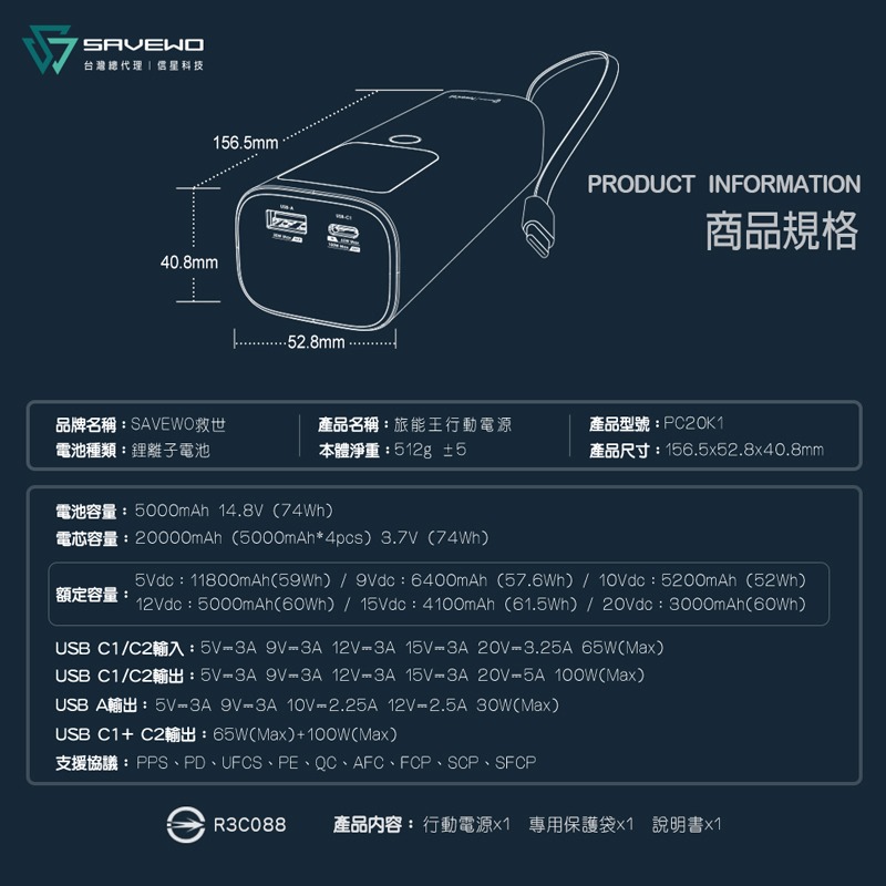 SAVEWO 165W 行動電源 20000mAh 筆電快充 100W Type-C PD快充 旅能王 大容量行動電源-細節圖9