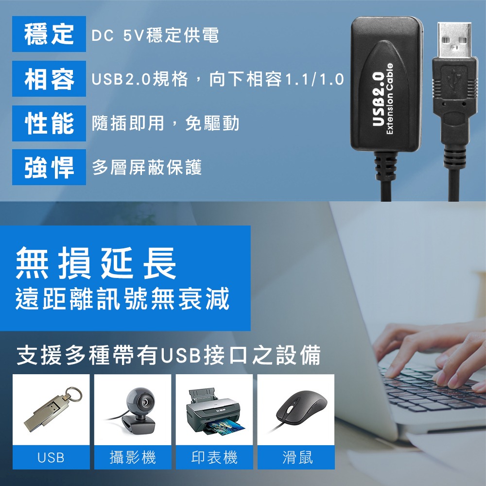 CX USB2.0 訊號增益加強延長線 A公 A母 5米 USB訊號放大 訊號延長 無外接電源 放大器 USB 延長線-細節圖3