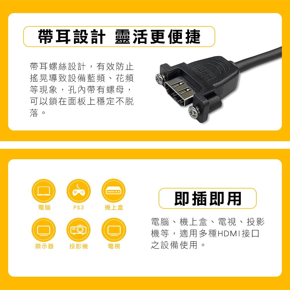 CX 帶鎖孔 HDMI 公母 延長線 面板帶耳 螺絲 鏍母 4K裝潢固定面板 HDMI線-細節圖3