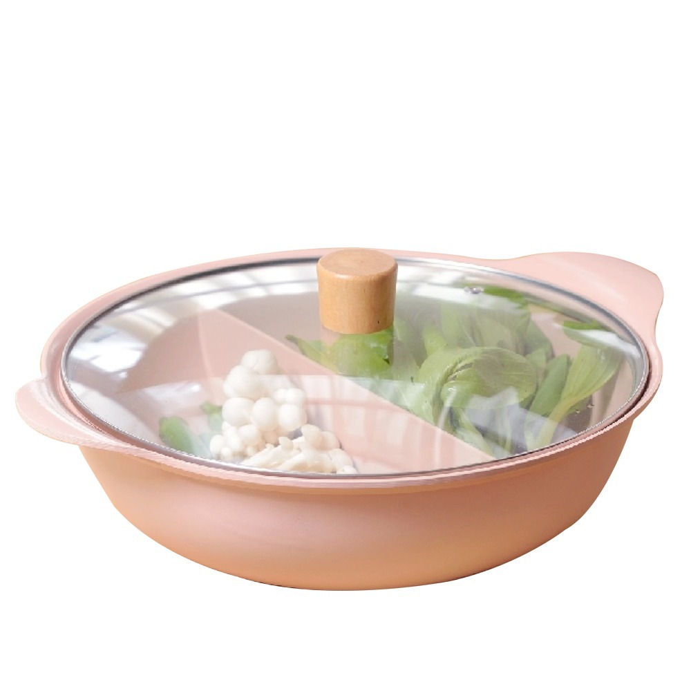 【韓國EVERLOCK】28cm鈦晶不沾時尚鴛鴦鍋附蓋(蜜桃粉)EL-H28-P01-細節圖2