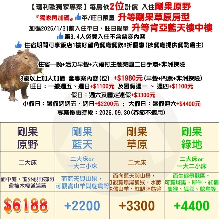 2大2幼兒【瑪利歐1/31前限量升等肯亞樓中樓】 關西六福莊『住宿乙晚+2客早餐＋六福村門票2張+非洲探險門票2張』-細節圖2