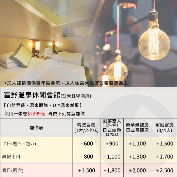 平日入住+600元(瑪利歐旅遊網)台東知本富野溫泉休閒會館【精緻客房/雙人房+早餐+面膜+溫泉蛋DIY】-細節圖2