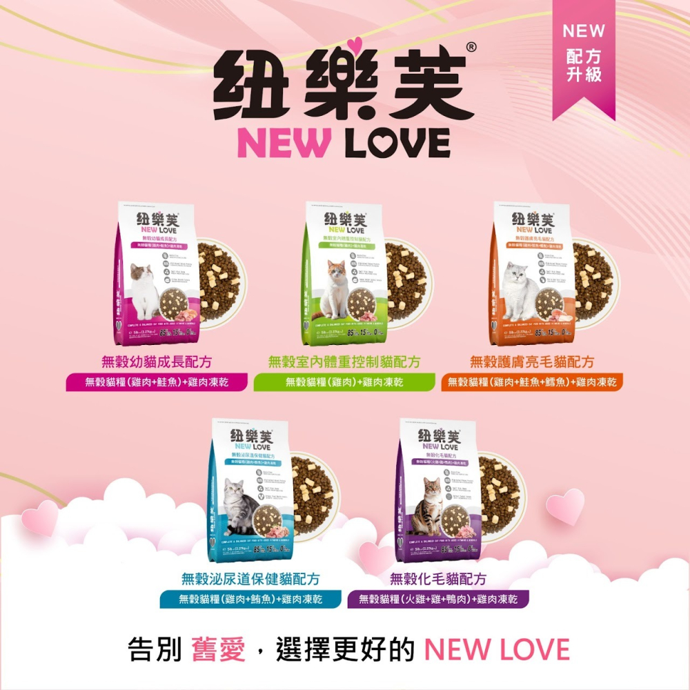 【毛小孩】紐樂芙new-love-無穀貓飼料( 幼貓、體重控制、化毛、泌尿道保健、護膚亮毛 機能飼料)  300g/包-細節圖10
