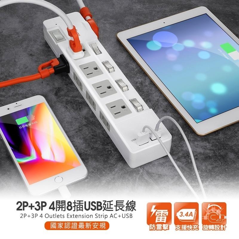 群加 PowerSync 2P+3P 4開8插2埠USB防雷擊抗搖擺延長線/1.8m/1.2m(TR829018)-細節圖2