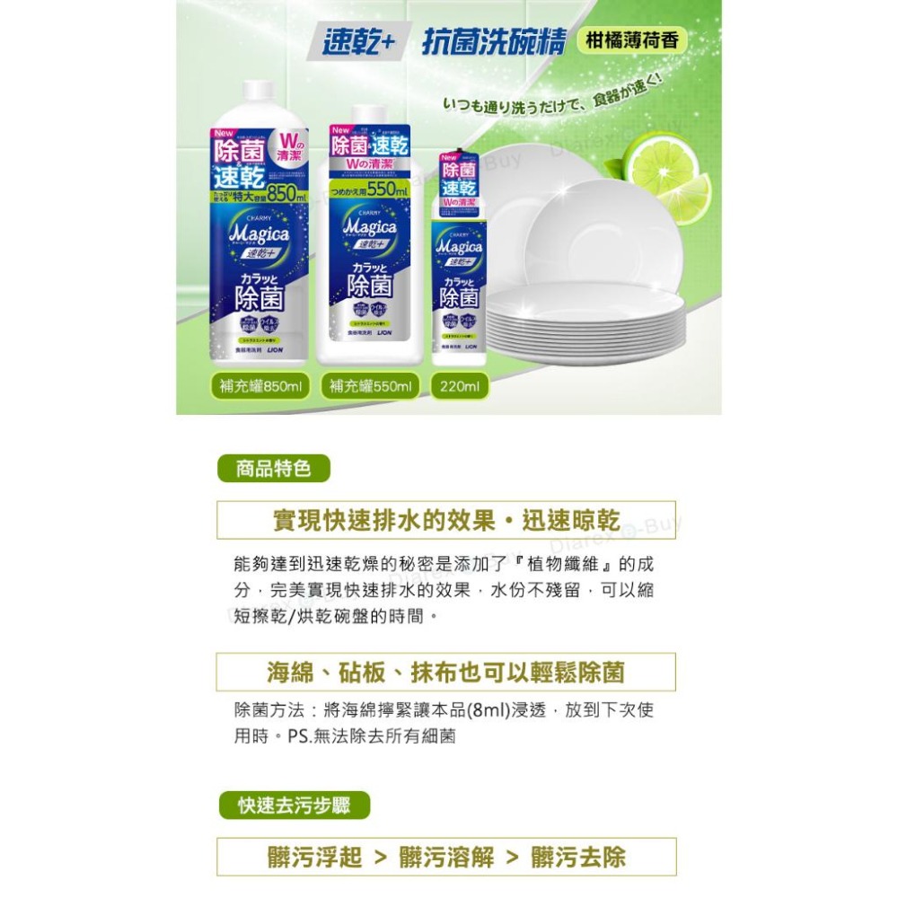 日本Lion Charmy Magica速乾+ 抗菌洗碗精_柑橘薄荷香 (200ml／550ml)-細節圖2