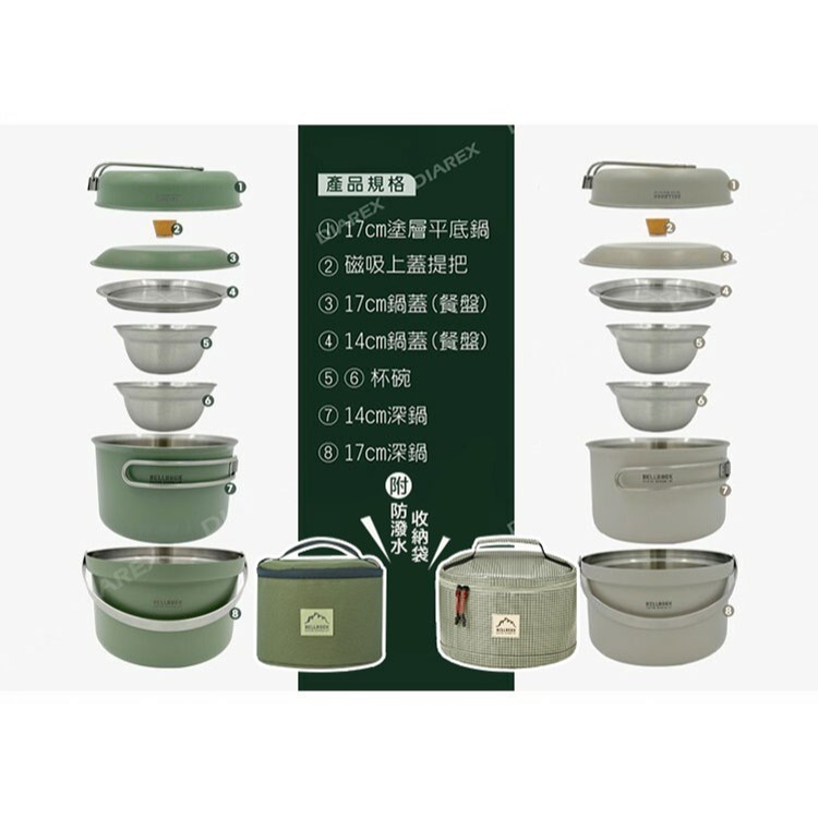 【韓國Bell Rock】Color9 露營炊具9件組 軍綠色/奶油灰 附收納袋 戶外不鏽鋼套鍋組-細節圖9