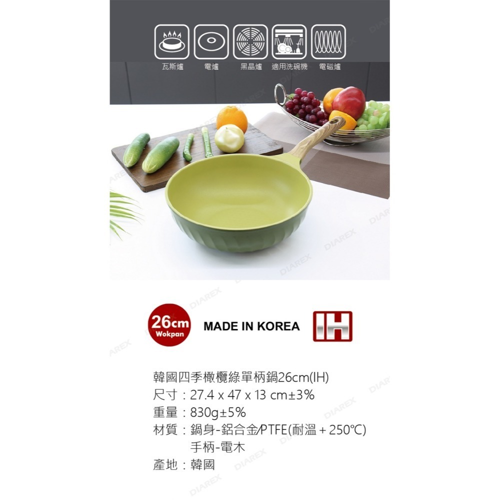 韓國FourSeason 26cm四季橄欖綠單柄鍋(IH)＋妙管家 通用矽膠玻璃蓋(26-30cm)HKGL-2630-細節圖4
