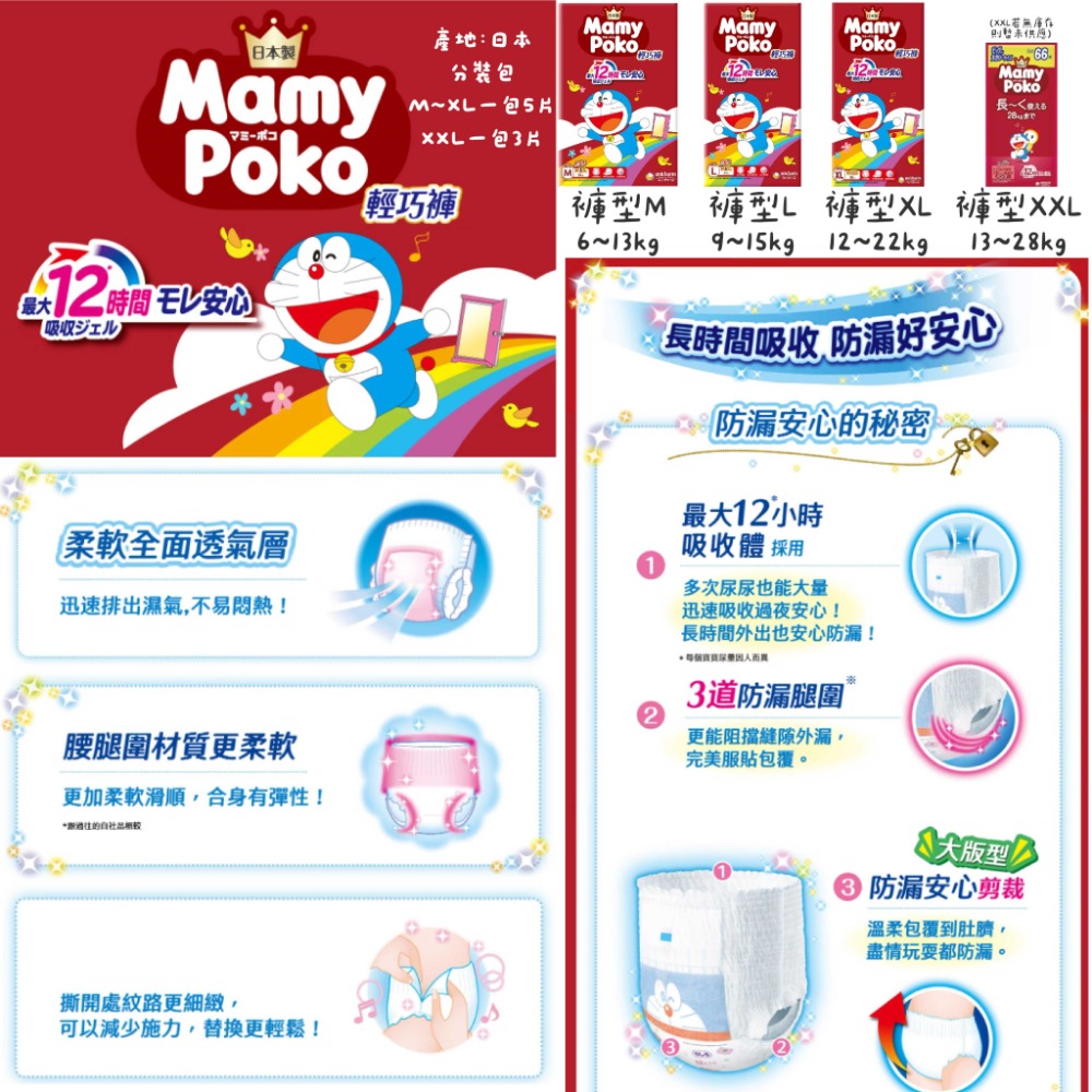 【尿布正裝&分裝包】滿意寶寶 多拉A夢 系列(普通款&晚安褲 褲型M~XXL)-規格圖1