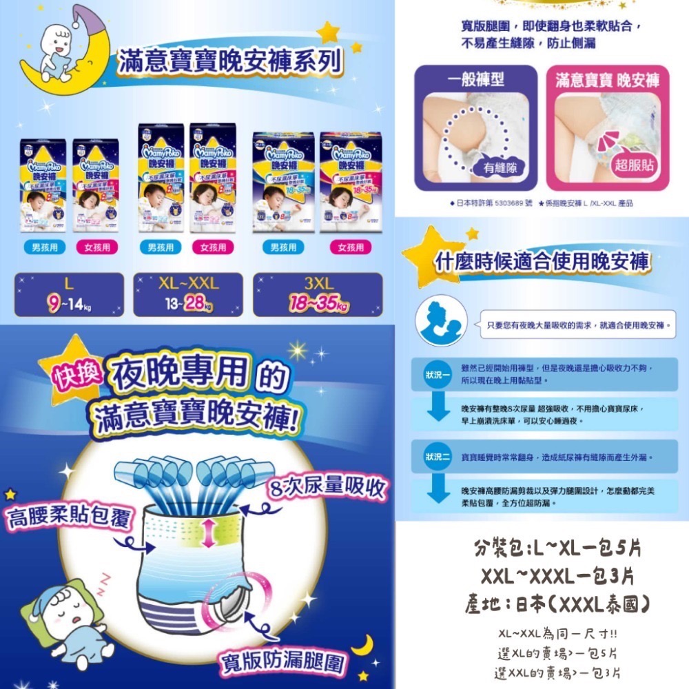 【尿布正裝&分裝包】滿意寶寶 晚安褲 褲型尿布 夜用尿布 日本製尿布-規格圖2