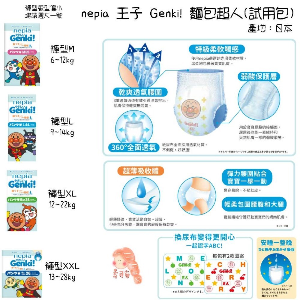 【分裝試用】日本王子 麵包超人 褲型 L 5片