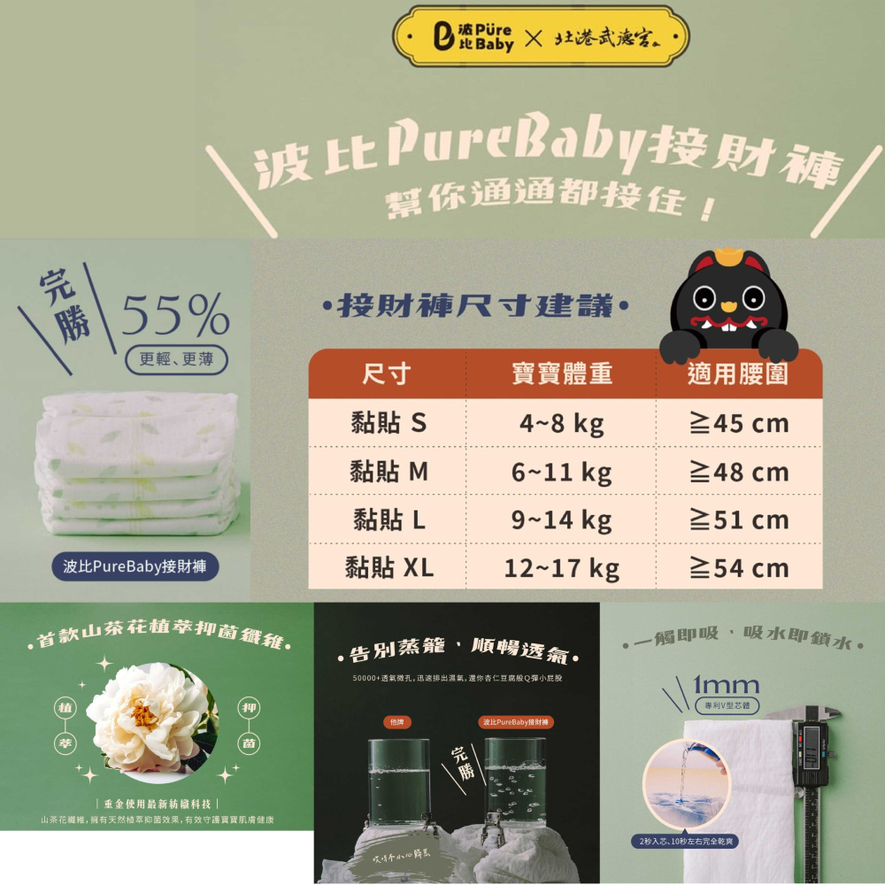【尿布正裝&分裝包】波比 PureBaby 植萃抑菌接財褲(黏貼S~XL /褲型 L~XXL)-細節圖2