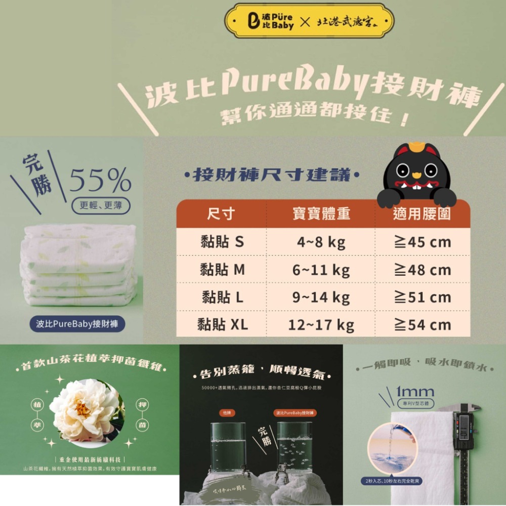 【尿布正裝&分裝包】波比 PureBaby 植萃抑菌接財褲(黏貼S~XL /褲型 L~XXL)-規格圖3