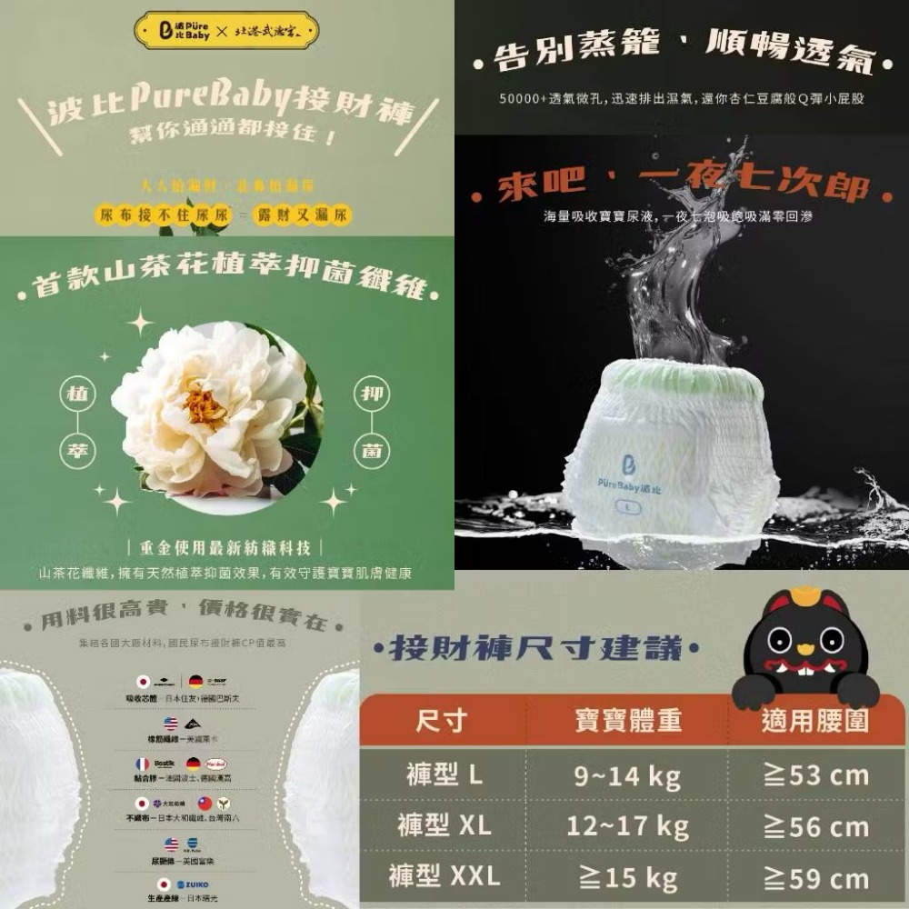 【尿布正裝&分裝包】波比 PureBaby 植萃抑菌接財褲(黏貼S~XL /褲型 L~XXL)-規格圖3