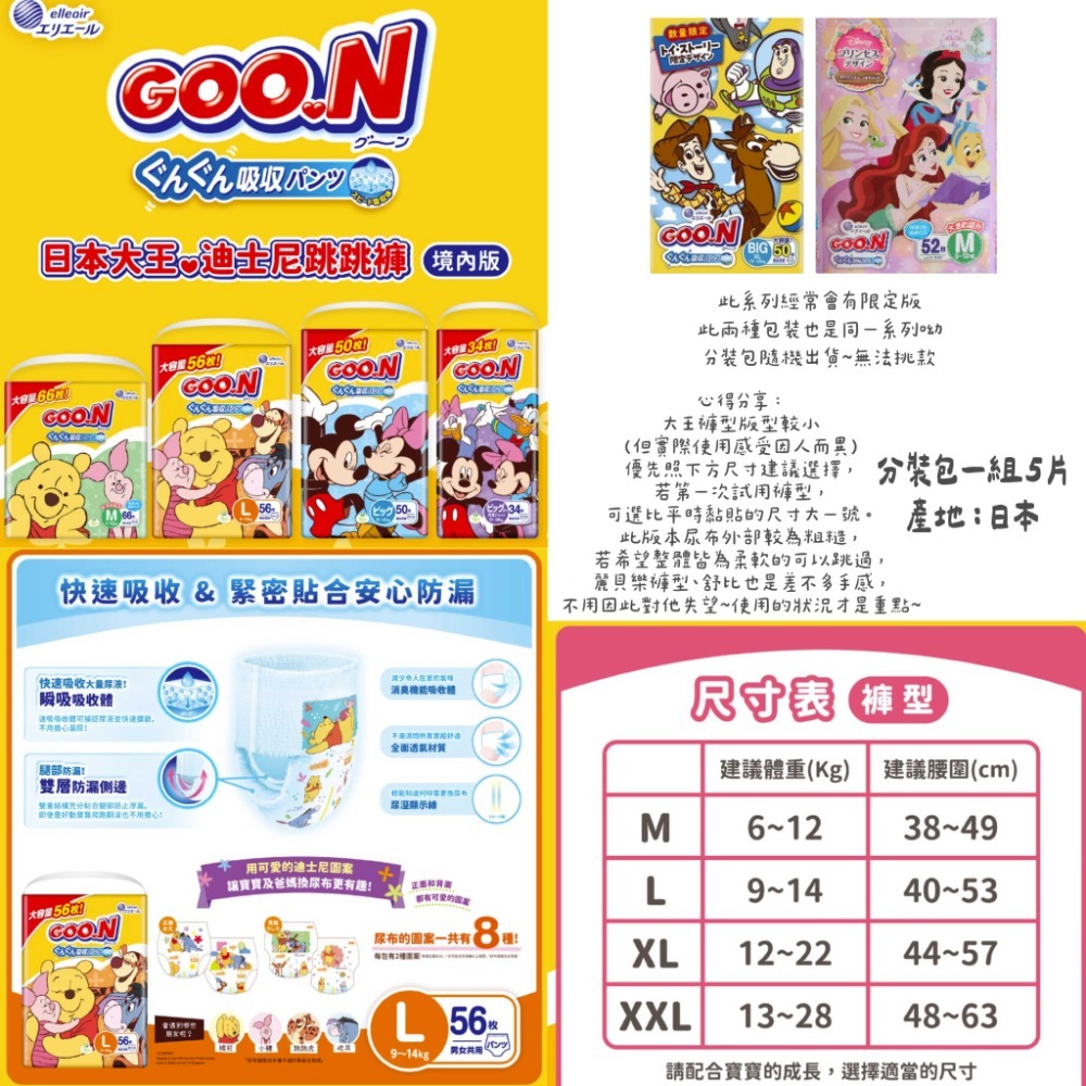 【分裝包】大王全系列(柔觸肌/輕薄舒爽/迪士尼境內版/晚安褲) (黏貼/褲型NB~XXL)-規格圖7