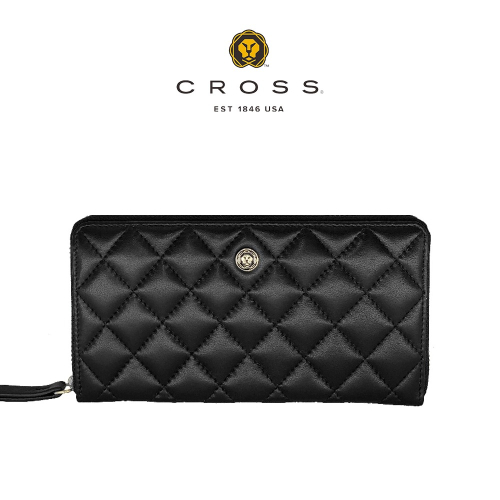 【限量1折 】【CROSS】頂級菱格紋NAPPA小牛皮拉鍊長夾 (黑色 全新專櫃展示品) 贈禮盒提袋