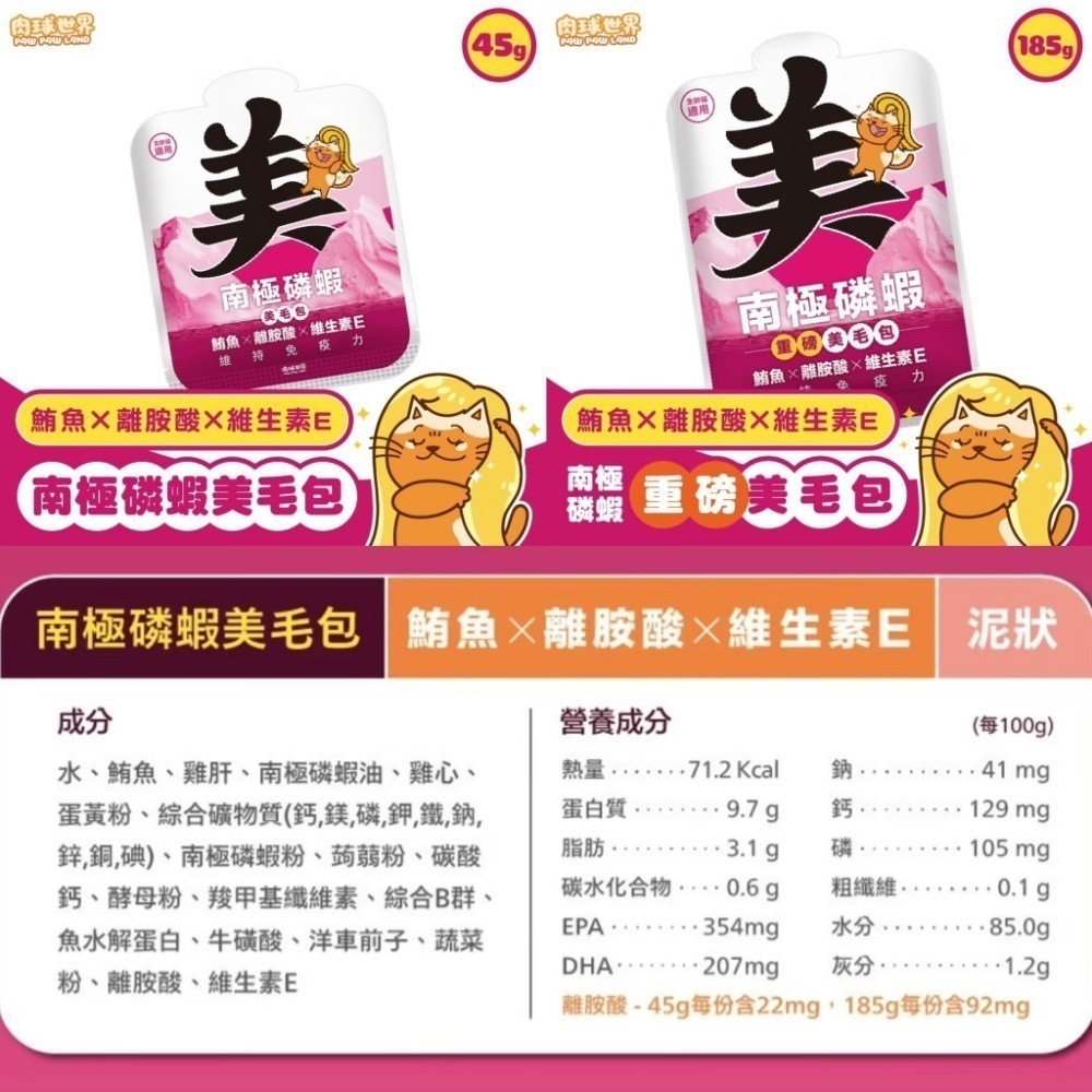 肉球世界｜南極磷蝦美毛包 養出閃亮毛髮主食包 全齡貓 45g／185g-規格圖10