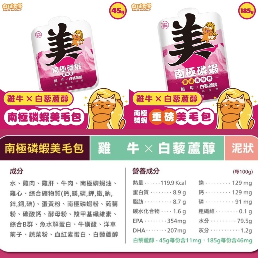 肉球世界｜南極磷蝦美毛包 養出閃亮毛髮主食包 全齡貓 45g／185g-規格圖10