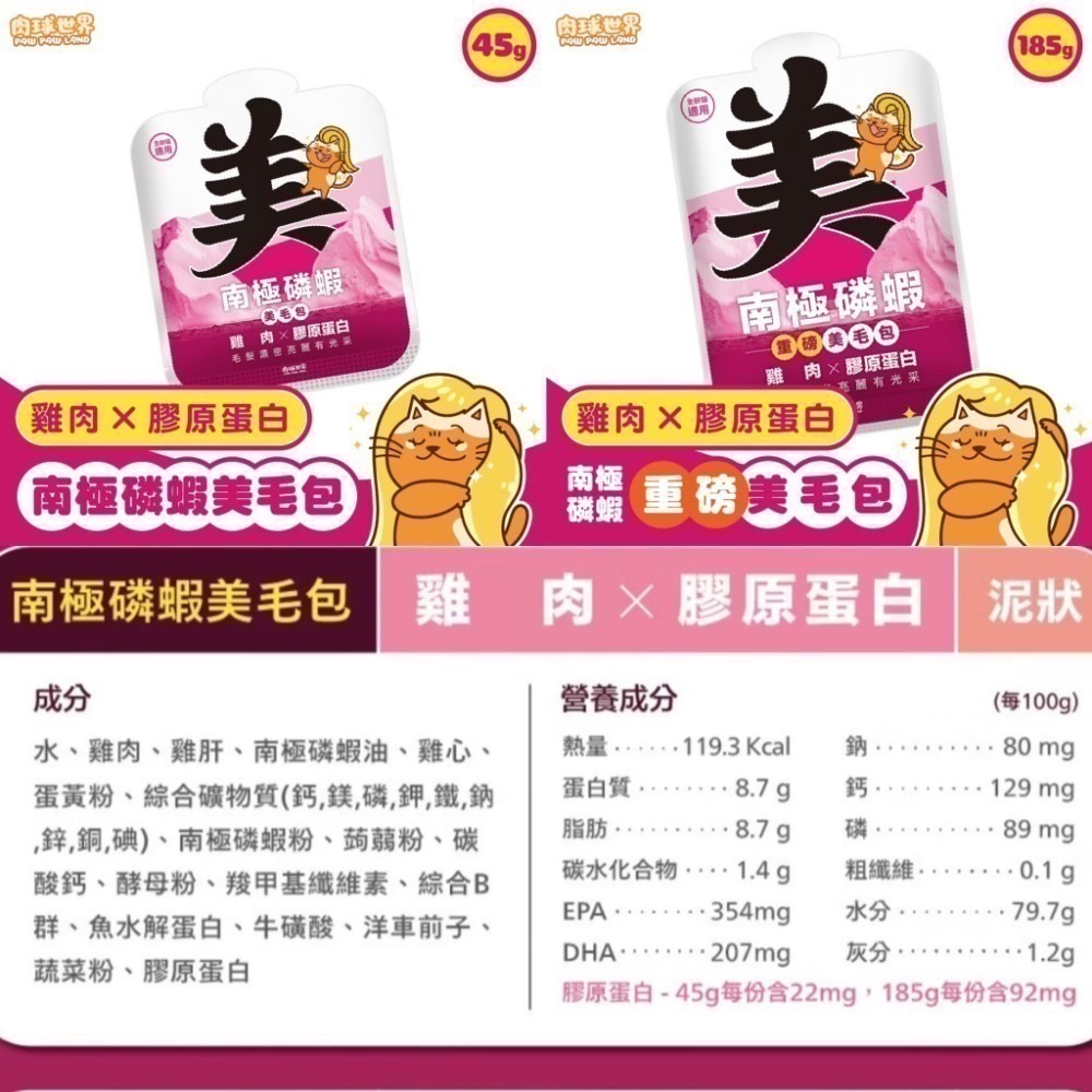 肉球世界｜南極磷蝦美毛包 養出閃亮毛髮主食包 全齡貓 45g／185g-規格圖10