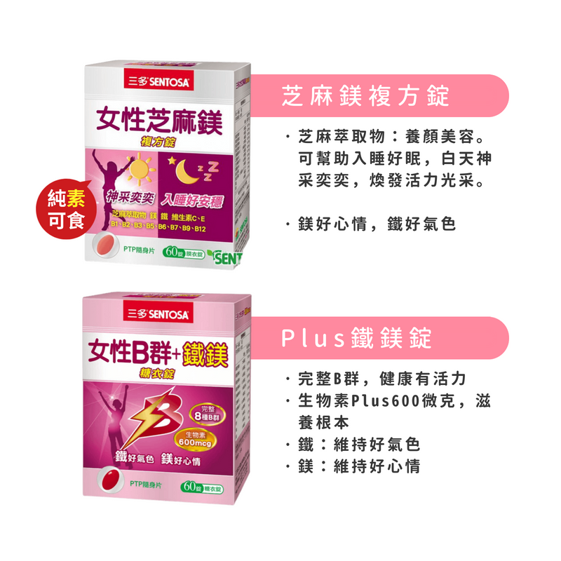 三多女性B群 芝麻鎂複方錠 Plus鐵鎂錠 芝麻萃取物 調節生理機能 熬夜族 壓力大 營養補充 《金太郎優選》-細節圖2