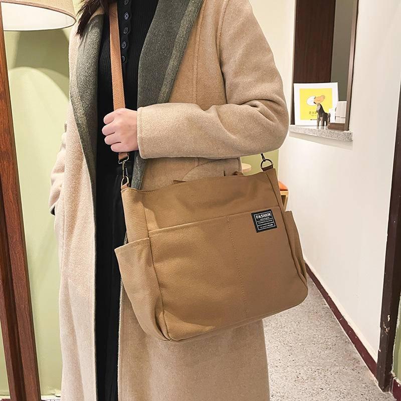 韓國ins休閒復古百搭多口袋大容量女潮帆布手提斜挎包日系單肩包-細節圖2