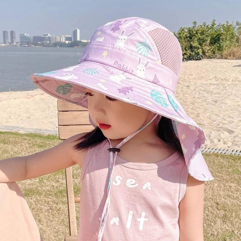 台灣現貨兒童春季帽子女孩韓版男孩女孩通用防曬披肩漁夫帽寶寶大沿太陽帽-細節圖9