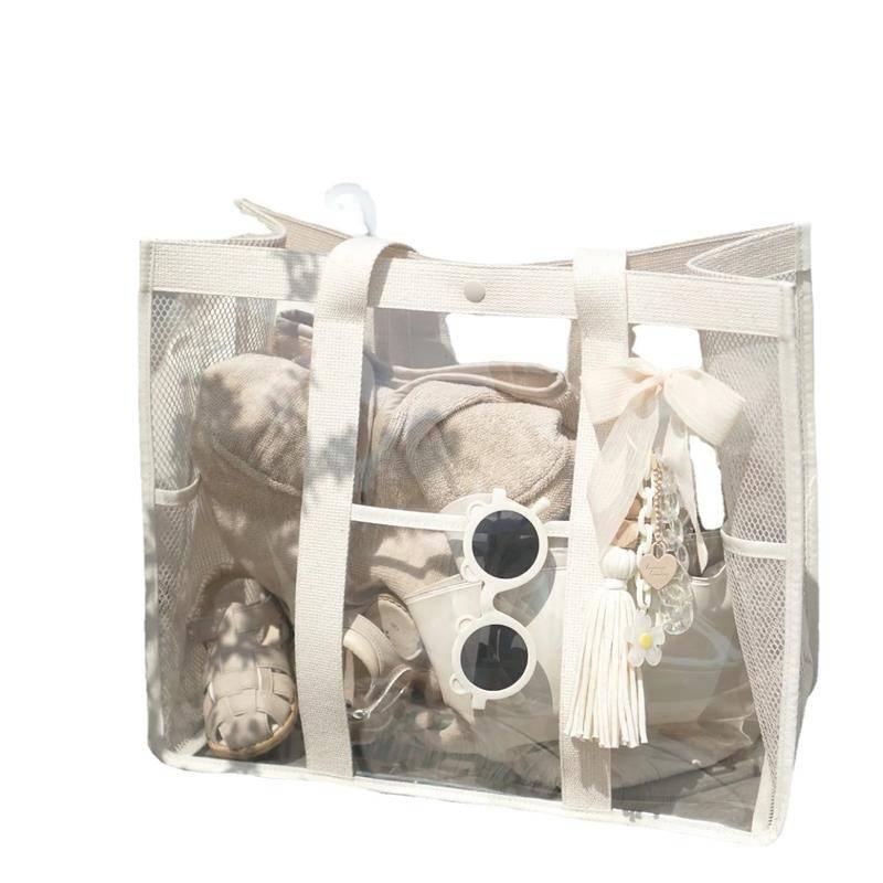 ins韩版简约透明PVC网纱沙滩包大容量游泳包健身夏季玩具收纳包-細節圖5