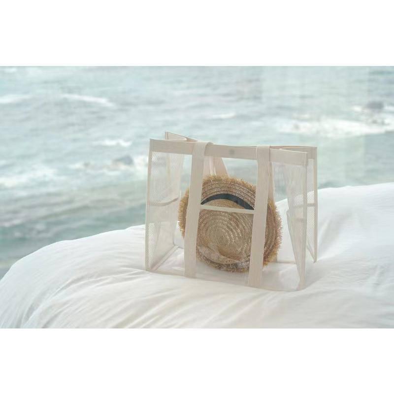 ins韩版简约透明PVC网纱沙滩包大容量游泳包健身夏季玩具收纳包-細節圖6